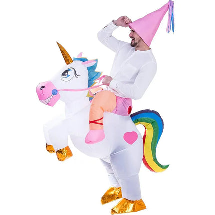 Aufblasbares Einhorn Kostuem im Reit-Stil für Erwachsene, bereit für lustige Abenteuer und Partys