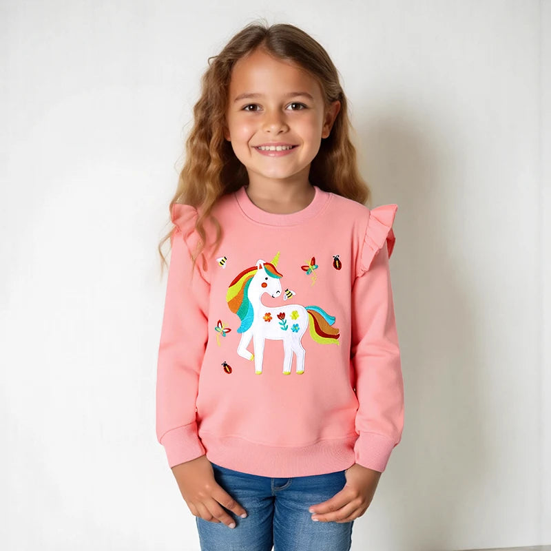 Mädchen in einem süßen Einhorn Hoodie von Little Maven mit Cartoon-Motiv, aus 100% Baumwolle