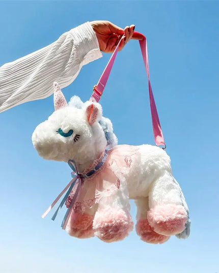 Flauschige Einhorn Plüsch Umhängetasche für Mädchen, ca. 40x22 cm groß, mit Reißverschluss und Schultergurt