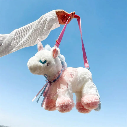 Flauschige Einhorn Plüsch Umhängetasche für Mädchen, ca. 40x22 cm groß, mit Reißverschluss und Schultergurt