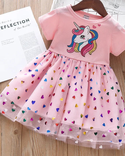 Pinkes Einhorn Kleid für Baby Mädchen mit Cartoon-Einhorn-Motiv und Mesh-Rock, perfekt für Sommerfeste und den Alltag.