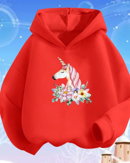 Rote Einhorn Jacke für Kinder mit Cartoon-Motiv, Blumen und Einhorn, von Lolocee
