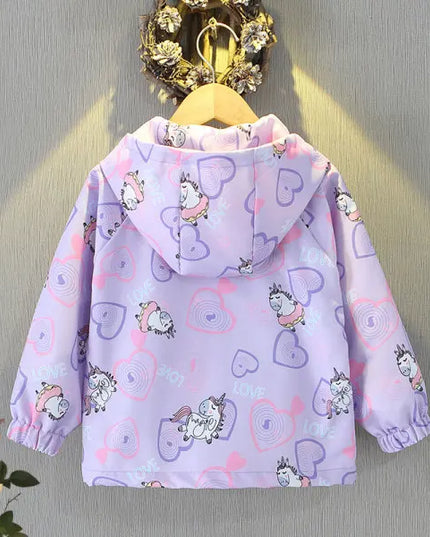 Lila Einhorn Jacke für Mädchen mit Kapuze und buntem Einhorn-Muster, ideal als Windbreaker