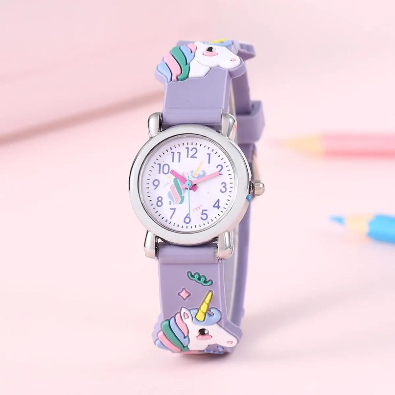 Rosa Einhorn Uhr mit großem Cartoon-Einhorn auf dem Zifferblatt und Silikonarmband