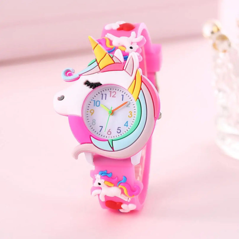Einhorn Uhr mit Saturn- und Regenbogenmotiv auf blauem Silikonband, ideal für Kinder