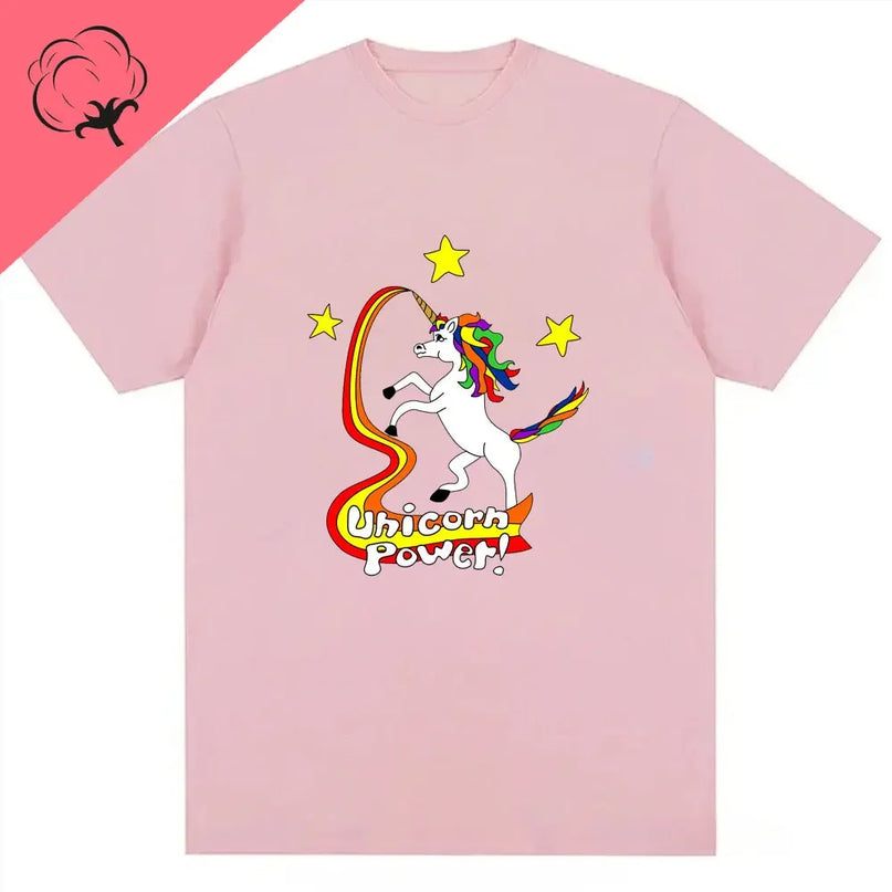 Einhorn T-Shirt in Rosa mit einem niedlichen Cartoon-Einhorn-Motiv, aus weicher, reiner Baumwolle.