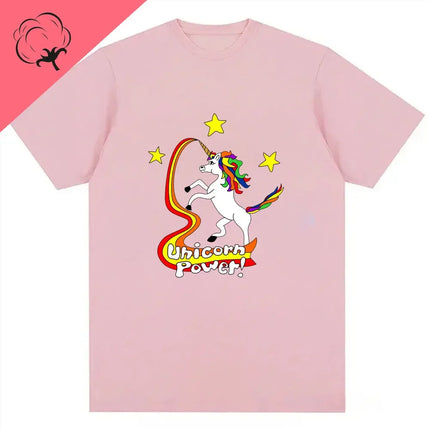 Einhorn T-Shirt in Rosa mit einem niedlichen Cartoon-Einhorn-Motiv, aus weicher, reiner Baumwolle.