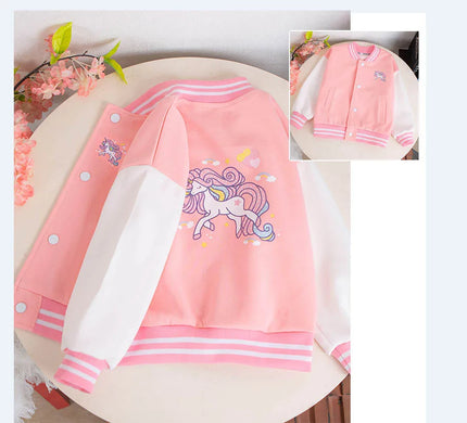Pinke Einhorn Baseball Jacke für Mädchen mit Cartoon-Einhorn-Motiv und V-Ausschnitt