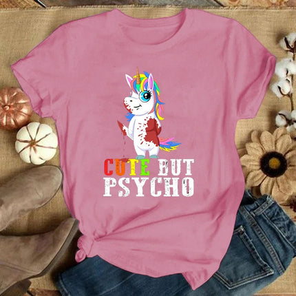 Einhorn T-Shirt in Pink mit dem Aufdruck 'Cute But Psycho' in Weiß