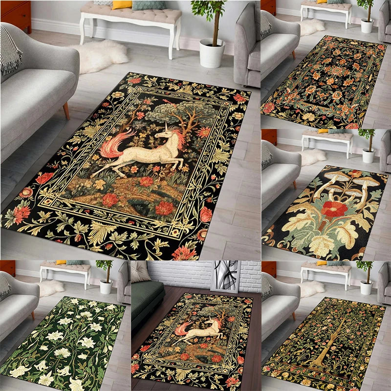 Vintage Einhorn Teppich mit Baum- und Blumenmustern, weicher, rutschfester rechteckiger Teppich für Wohnzimmer