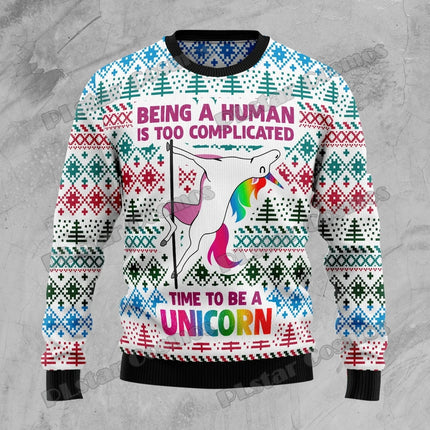Einhorn Pullover mit winterlichem 3D-Print für Herren und Damen, mit Rundhalsausschnitt