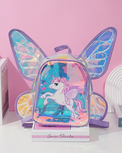 Trendiger Einhorn Rucksack mit transparentem TPU und schillernden Schmetterlingsflügeln für Kinder