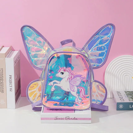 Trendiger Einhorn Rucksack mit transparentem TPU und schillernden Schmetterlingsflügeln für Kinder