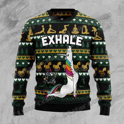 Einhorn Pullover mit 3D-Druck, der ein Einhorn auf einem Dinosaurier zeigt, in einer breiten Größenauswahl