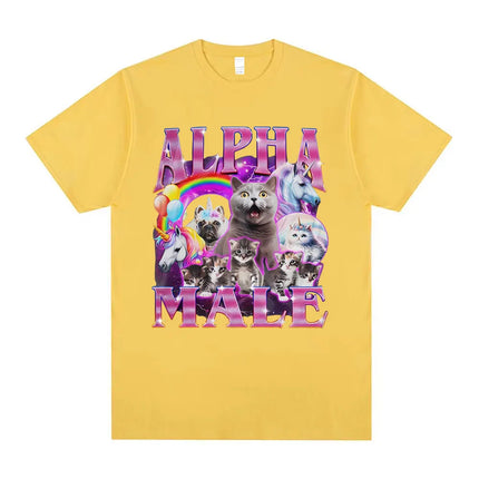Lustiges Alpha Male Einhorn Katze Meme T-Shirt für Herren und Damen in Gelb, mit Kurzarm und Baumwoll-Mix