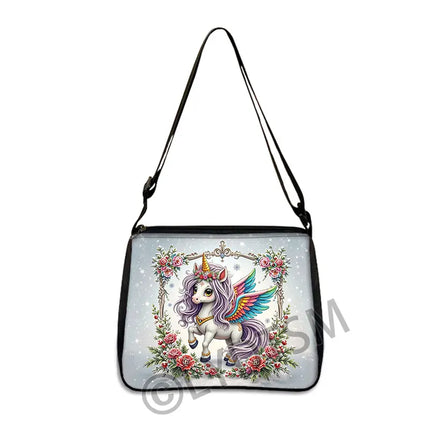 Bunte Einhorn Umhängetasche mit Fantasy-Motiven und Blumen für Damen