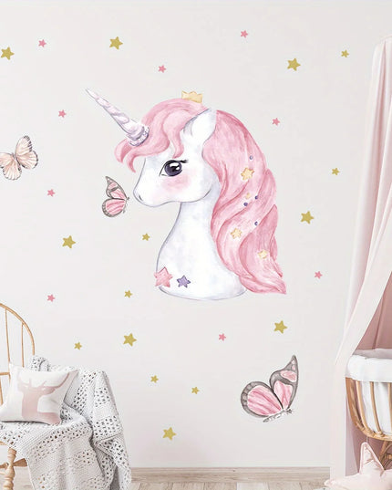 Cartoon Einhorn Wandtattoo mit süssen Tieren und bunten Farben für eine verspielte Kinderzimmer-Deko.
