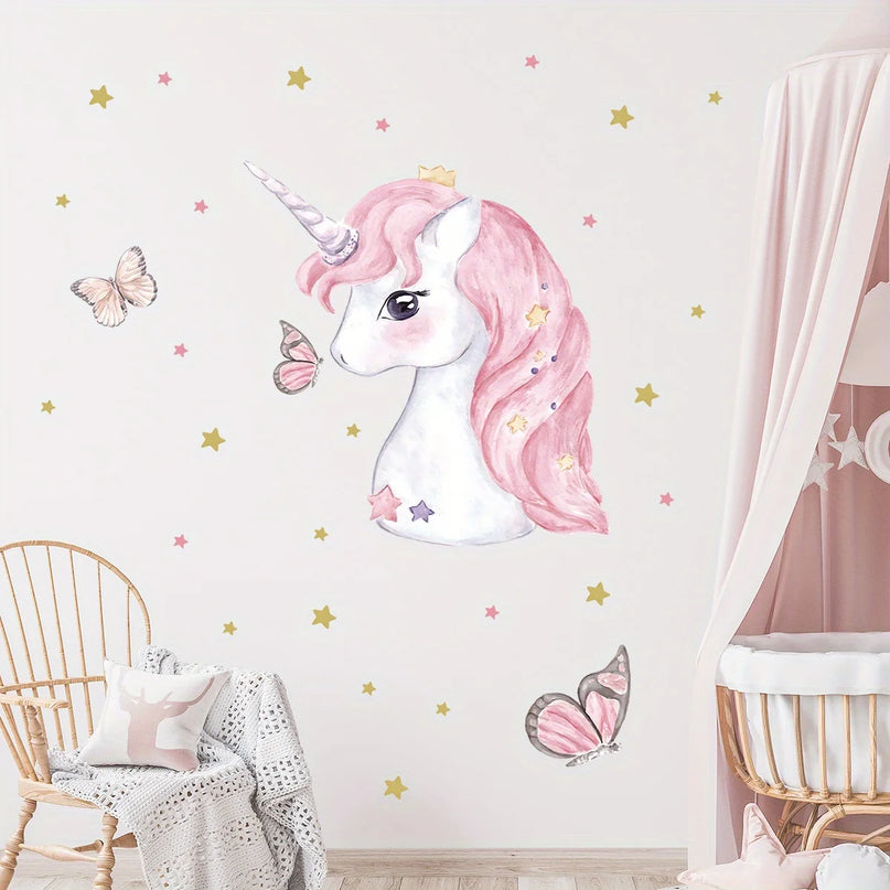 Cartoon Einhorn Wandtattoo mit süssen Tieren und bunten Farben für eine verspielte Kinderzimmer-Deko.