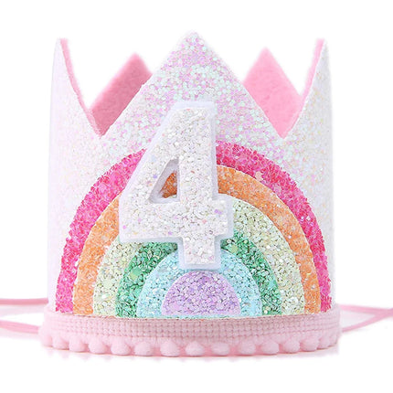 Regenbogen Einhorn Krone mit der Zahl 4 für den vierten Kindergeburtstag, aus Vliesstoff, mit Glitzerdetails