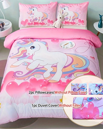 Einhorn Bettwäsche in zartem Puderrosa mit liebevollen Einhorn-Motiven, 100% Polyester, für süße Träume
