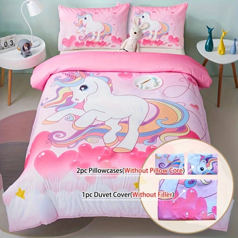 Einhorn Bettwäsche in zartem Puderrosa mit liebevollen Einhorn-Motiven, 100% Polyester, für süße Träume