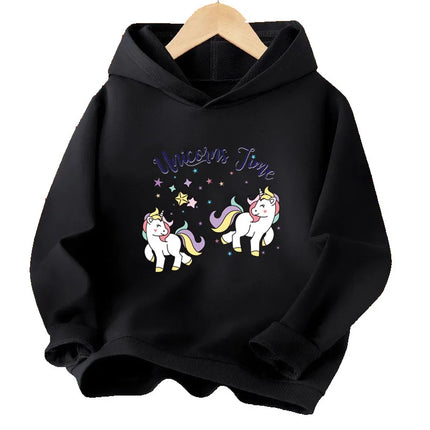 Schwarzer Einhorn Hoodie für Mädchen mit süßem Cartoon-Einhorn-Motiv, bequem und perfekt für den Frühling.