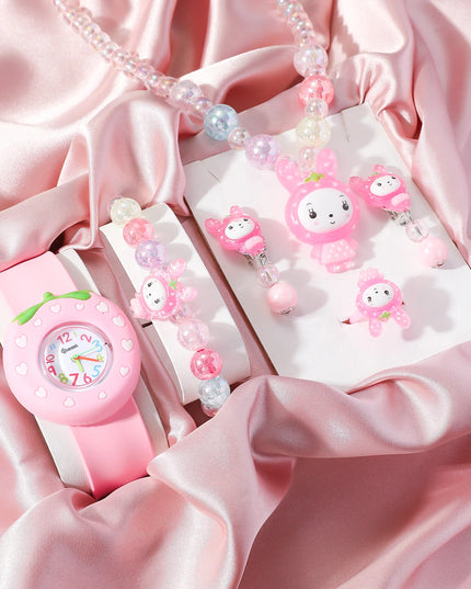 Einhorn Uhr mit Cartoon-Design und passendem Regenbogen-Perlen-Kronen-Schmuckset in Pink
