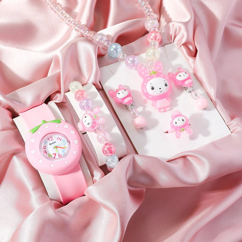 Einhorn Uhr mit Cartoon-Design und passendem Regenbogen-Perlen-Kronen-Schmuckset in Pink