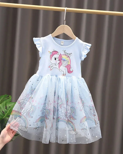 Blaues Einhorn Prinzessinnenkleid für Mädchen mit kurzen, fliegenden Ärmeln und glitzernden Pailletten-Details