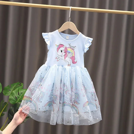 Blaues Einhorn Prinzessinnenkleid für Mädchen mit kurzen, fliegenden Ärmeln und glitzernden Pailletten-Details