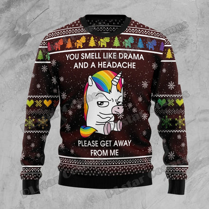 Einhorn Pullover mit 3D-Druck, der ein Einhorn auf einem Dinosaurier reitend zeigt