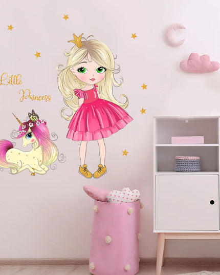 Einhorn Wandtattoo mit einer Cartoon-Prinzessin und ihrem Einhorn, ideal für ein kreatives Kinderzimmer