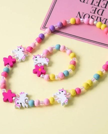 Mädchen Perlen Einhorn Armband und Halskette Set aus Holz und Kunstharz für Kinder