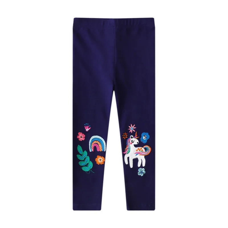 Mädchen-Leggings mit Einhorn-Stickerei und Streifenmuster in Grau und Rosa, aus Baumwoll-Spandex-Mix, für den Alltag.