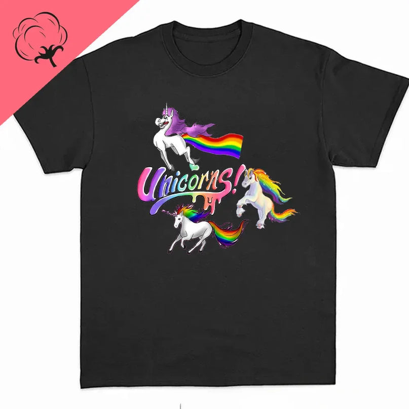 Einhorn T-Shirt in Navy mit einem farbenfrohen Regenbogen-Einhorn-Motiv, aus weicher Baumwolle.