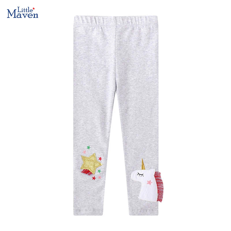 Baumwoll-Einhorn-Leggings für Mädchen mit Cartoon-Stickerei von Einhörnern und Sternen