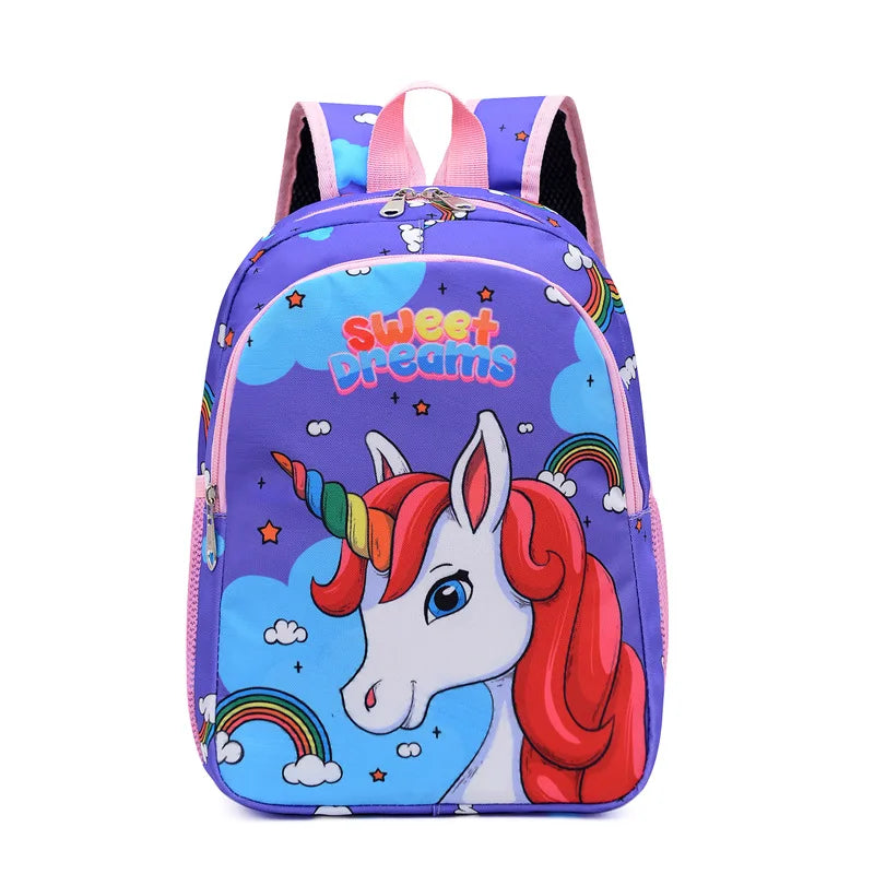Bunter Cartoon Einhorn Rucksack in Lila für Jungen und Mädchen, ideal für Schule und Kindergarten