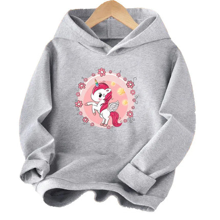 Grauer Einhorn Hoodie für Mädchen mit einem süßen Cartoon-Einhorn-Motiv auf der Brust