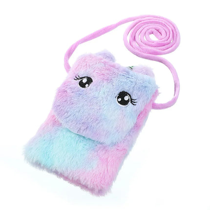 Runde lila Einhorn Umhängetasche aus Plüsch mit Reißverschluss und runden Augen
