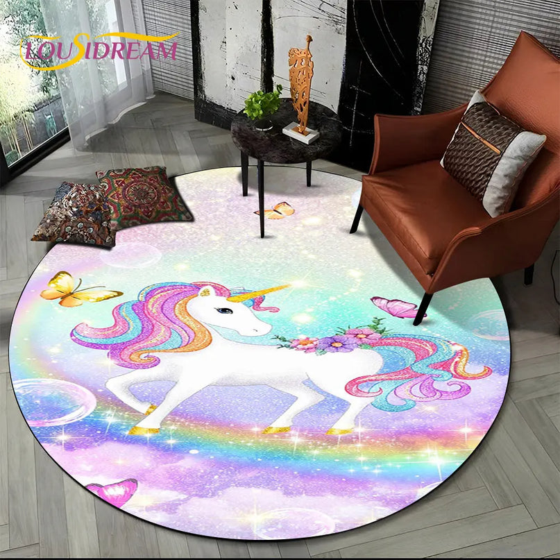 Runder Einhorn Sessel Teppich mit 3D-Cartoon-Einhorn-Motiv aus weichem Polyester