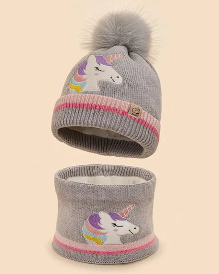 Graues Einhorn Mützen- und Halswärmer-Set mit Pom-Pom und Stickerei, fleecegefüttert und winddicht für Kinder