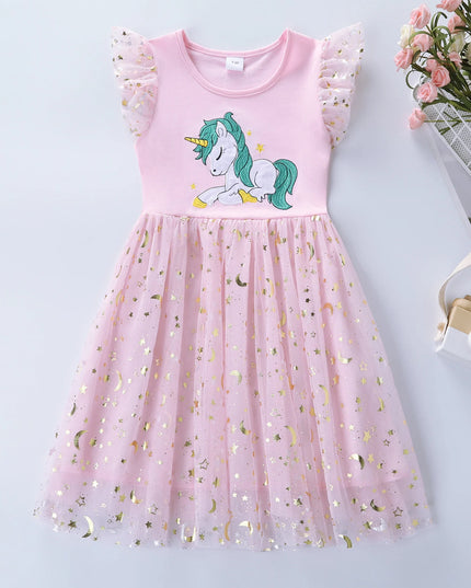 Pinkes ärmelloses Einhorn Kleid mit gesticktem Einhorn-Motiv und Mesh-Rock für Mädchen