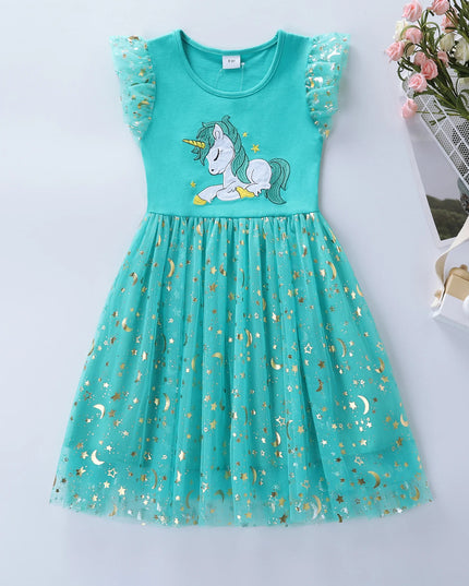 Blaues ärmelloses Einhorn Kleid mit gesticktem Einhorn-Motiv und Mesh-Rock für Mädchen