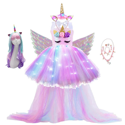 Einhorn Nachtlicht Kleid mit langen Regenbogen-LED-Lichtern für Mädchen im Alter von 4-6 Jahren
