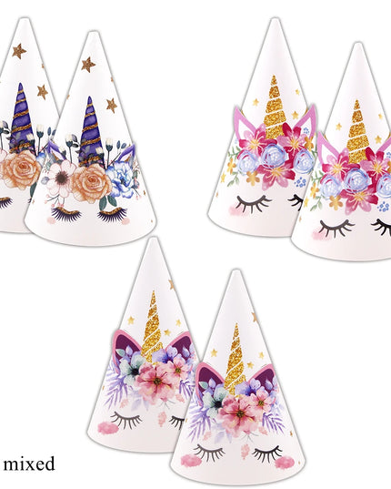 Set aus 6 gemischten Einhorn Deko Partyhüten aus Papier mit verschiedenen Cartoon-Einhorn-Motiven
