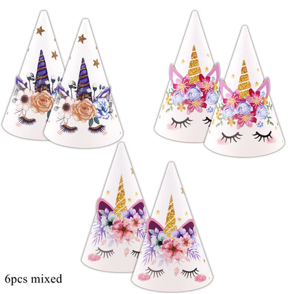 Set aus 6 gemischten Einhorn Deko Partyhüten aus Papier mit verschiedenen Cartoon-Einhorn-Motiven