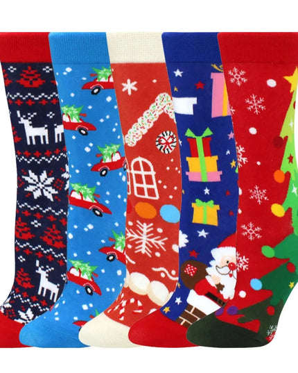 Set aus fünf Paar bunten Einhorn Socken für Damen mit verschiedenen Mustern, darunter Früchte und Regenbogen-Einhörner.