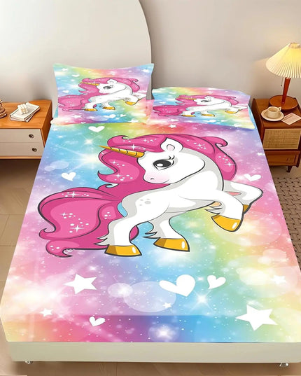 Einhorn Bettlaken mit Cartoon-Einhorn und Regenbogen-Motiven, weich und farbenfroh für Kinder und Teenager