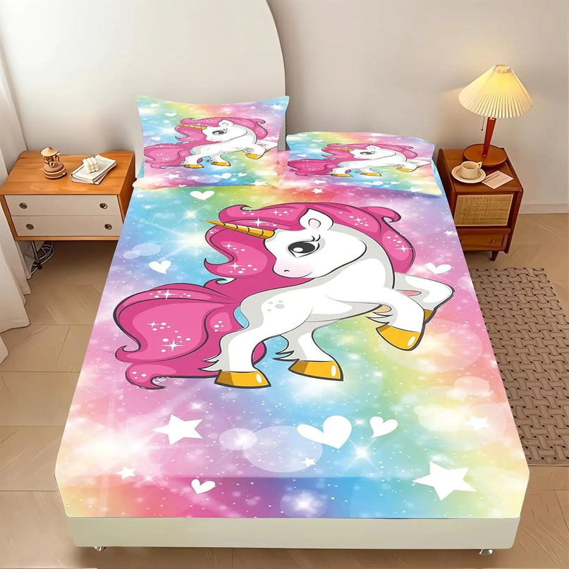 Einhorn Bettlaken mit Cartoon-Einhorn und Regenbogen-Motiven, weich und farbenfroh für Kinder und Teenager
