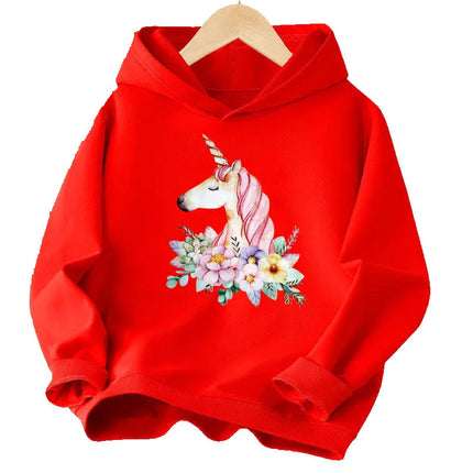 Roter Einhorn Hoodie für Mädchen mit einem Cartoon-Einhorn-Print auf der Vorderseite